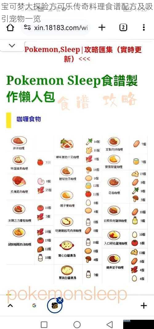 宝可梦大探险方可乐传奇料理食谱配方及吸引宠物一览