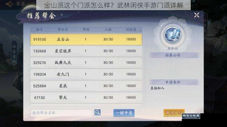 金山派这个门派怎么样？武林闲侠手游门派详解